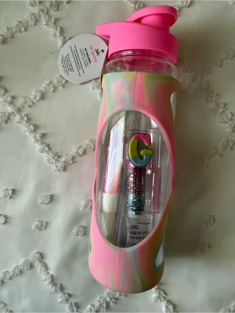 Justice Pink Lid Iridescent Sleeve Water Bottle with G Detail